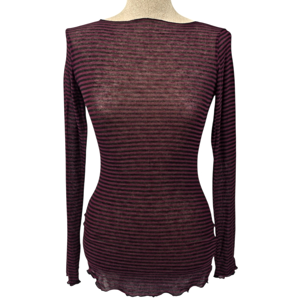 B.Yu Italy Sheer Striped Knit Top Burgundy Black Long Sleeve Shirt Women's S